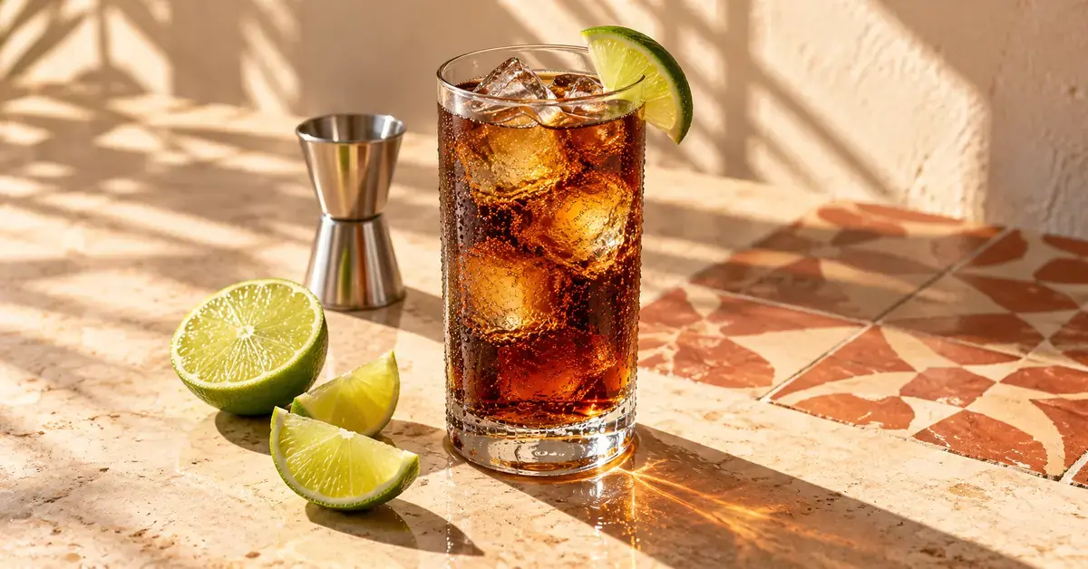 Et høyt glass Cuba Libre med isbiter og lime står på en solfylt bardisk sammen med oppskåret lime og et målebeger.