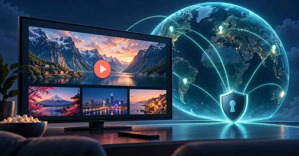 Illustrasjon av en TV med internasjonalt strømmeinnhold foran en lysende globus med forbindelseslinjer og et skjold som symboliserer VPN.