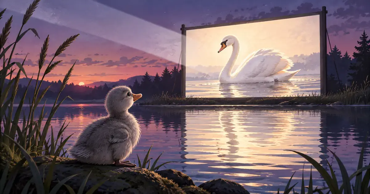 En grå andunge ved en innsjø ser på en hvit svane på et utendørs filmlerret i skumringen.