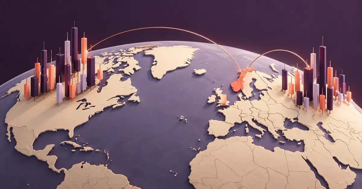 Illustrasjon av Norge markert på en globus, med buer til aksjediagrammer i Nord-Amerika og Europa som symboliserer investering i utenlandske aksjer.