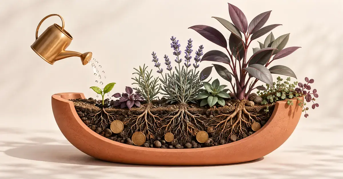 Illustrasjon av en vannkanne som vanner en spire blant ulike planter med synlige røtter og mynter i jorden, som symbol på langsiktig investering og risikospredning.