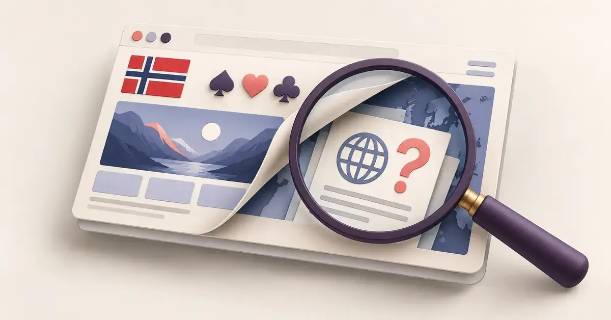 Et forstørrelsesglass avdekker et dokument med globus og spørsmålstegn under en casinoside med norsk flagg og spillekortsymboler.