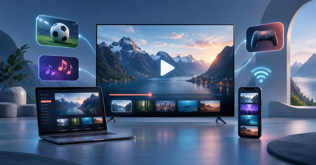 Illustrasjon av strømming på TV, bærbar PC og mobil, omgitt av symboler for sport, musikk, gaming og trådløst nett.
