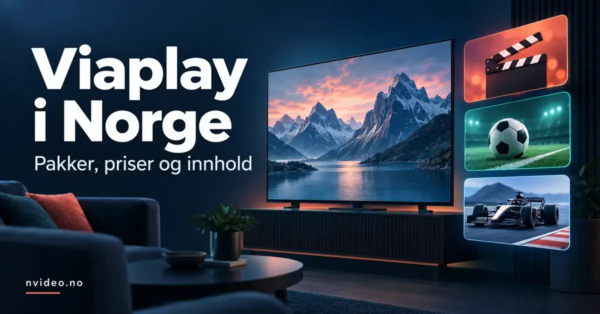 Illustrasjon av en TV med norsk fjellandskap og motiver for film, fotball og motorsport, med teksten «Viaplay i Norge – Pakker, priser og innhold».